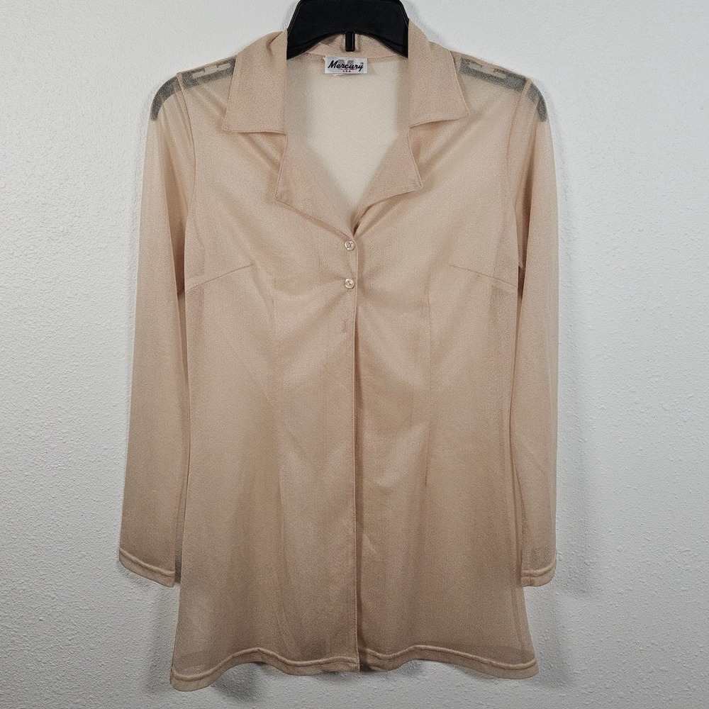Whimsical VTG Y2K Sheer Mesh Button Front Long Sleeve Tunic Top Size S Boho